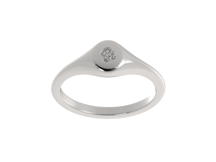 Minimalist ladies’ signet ring with custom script initial in solid gold or silver. Dainty, heirloom-quality personalized jewelry for women.