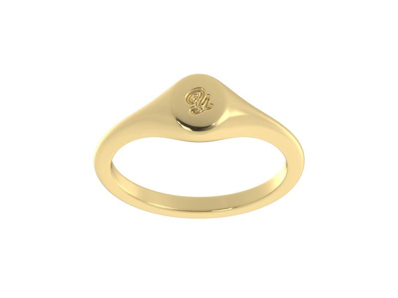 Minimalist ladies’ signet ring with custom script initial in solid 14K yellow gold. Dainty, heirloom-quality personalized jewelry for women.
