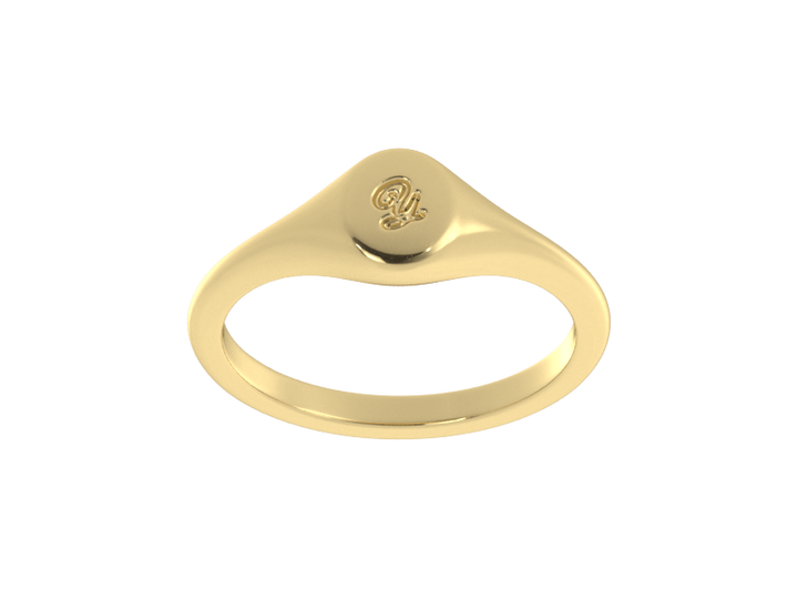 Minimalist ladies’ signet ring with custom script initial in solid 14K yellow gold. Dainty, heirloom-quality personalized jewelry for women.