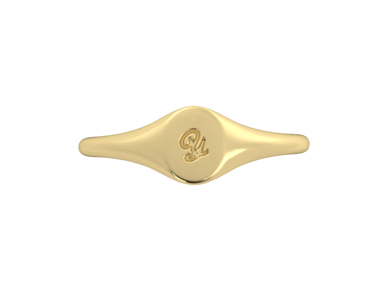 Minimalist ladies’ signet ring with custom script initial in solid 14K yellow gold. Dainty, heirloom-quality personalized jewelry for women.