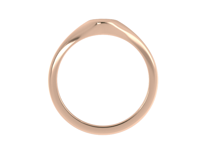 Minimalist ladies’ signet ring with custom script initial in solid 14K rose gold. Dainty, heirloom-quality personalized jewelry for women.