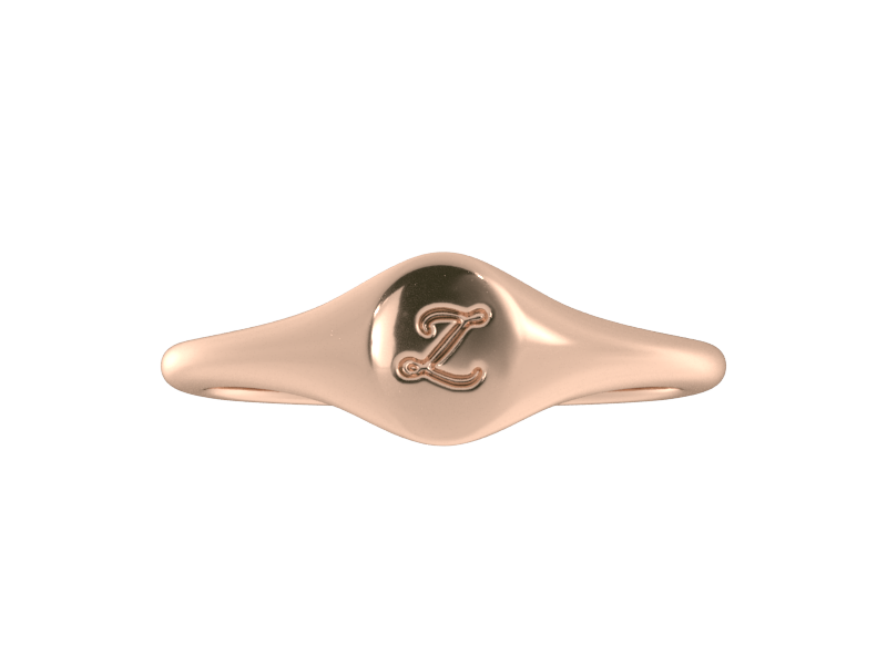 Minimalist ladies’ signet ring with custom script initial in solid 14K rose gold. Dainty, heirloom-quality personalized jewelry for women.