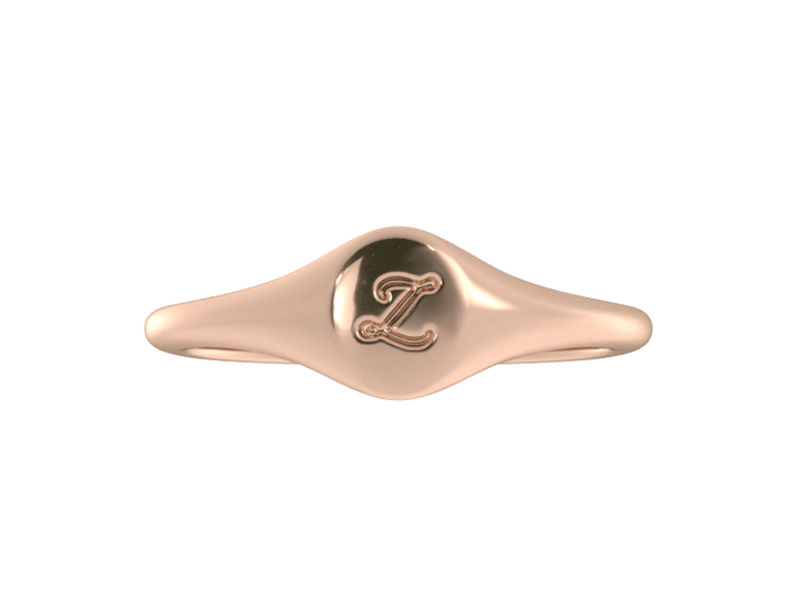 Minimalist ladies’ signet ring with custom script initial in solid 14K rose gold. Dainty, heirloom-quality personalized jewelry for women.