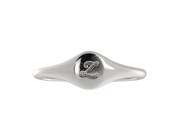 Minimalist ladies’ signet ring with custom script initial in solid gold or silver. Dainty, heirloom-quality personalized jewelry for women.