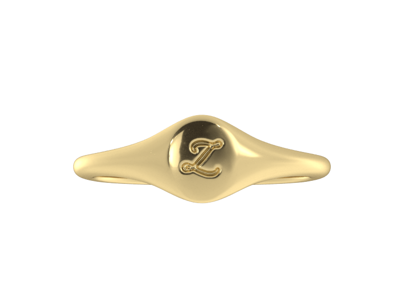 Minimalist ladies’ signet ring with custom script initial in solid 14K yellow gold. Dainty, heirloom-quality personalized jewelry for women.