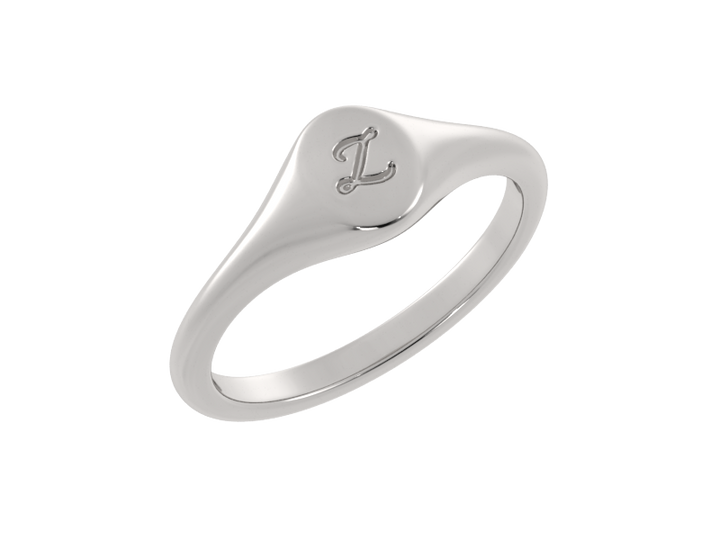 Minimalist ladies’ signet ring with custom script initial in solid gold or silver. Dainty, heirloom-quality personalized jewelry for women.