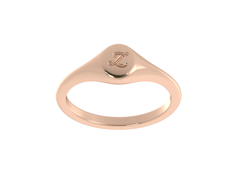 Minimalist ladies’ signet ring with custom script initial in solid 14K rose gold. Dainty, heirloom-quality personalized jewelry for women.