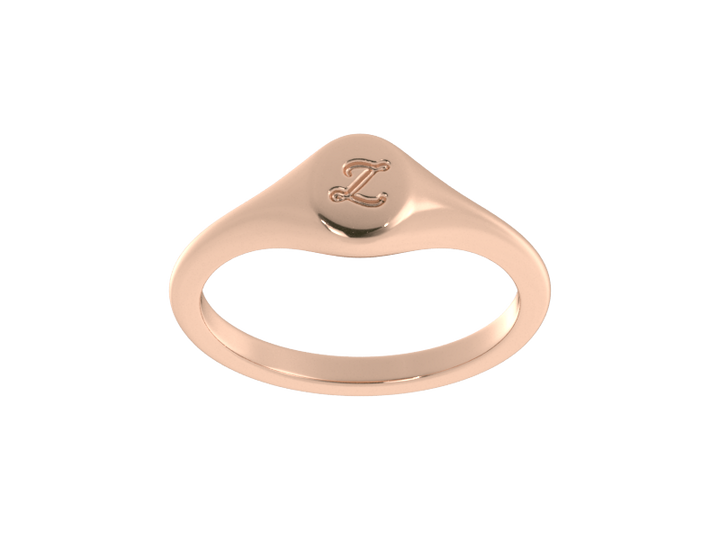 Minimalist ladies’ signet ring with custom script initial in solid 14K rose gold. Dainty, heirloom-quality personalized jewelry for women.