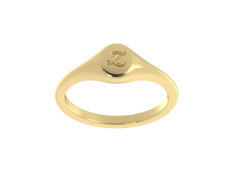 Minimalist ladies’ signet ring with custom script initial in solid 14K yellow gold. Dainty, heirloom-quality personalized jewelry for women.