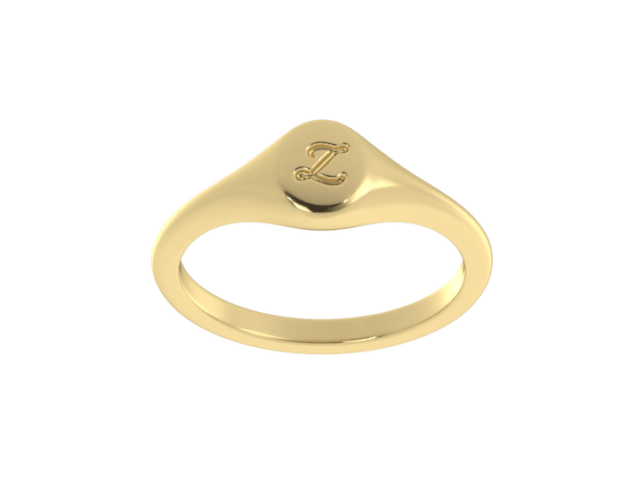 Minimalist ladies’ signet ring with custom script initial in solid 14K yellow gold. Dainty, heirloom-quality personalized jewelry for women.