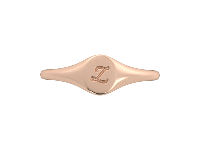 Minimalist ladies’ signet ring with custom script initial in solid 14K rose gold. Dainty, heirloom-quality personalized jewelry for women.