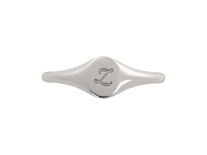 Minimalist ladies’ signet ring with custom script initial in solid gold or silver. Dainty, heirloom-quality personalized jewelry for women.