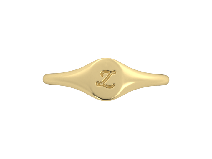 Minimalist ladies’ signet ring with custom script initial in solid 14K yellow gold. Dainty, heirloom-quality personalized jewelry for women.
