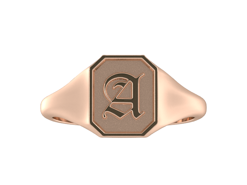 Classic men's signet ring, traditional octagonal face, custom initial in solid 14k rose gold. Heavyweight, heirloom quality personalized gift for men.