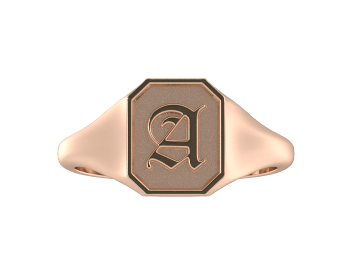 Classic men's signet ring, traditional octagonal face, custom initial in solid 14k rose gold. Heavyweight, heirloom quality personalized gift for men.