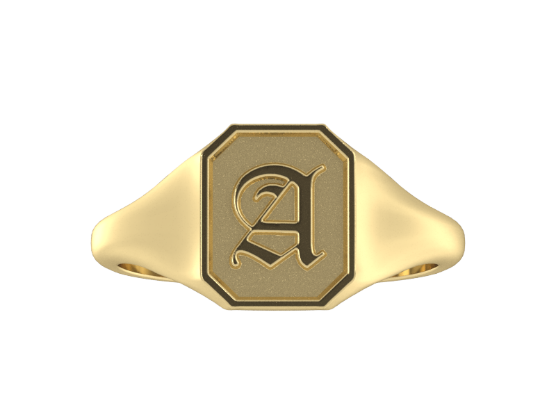Classic men's signet ring, traditional octagonal face, custom serif initial in solid 14k yellow gold. Heavyweight, heirloom quality personalized gift for men.