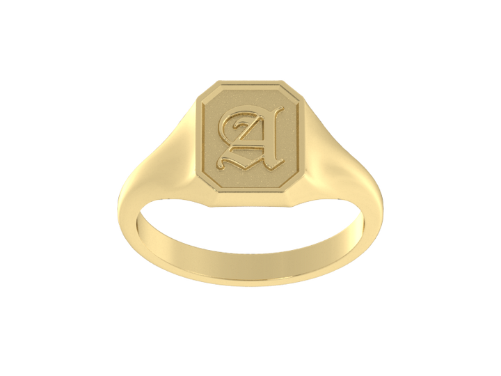 Classic men's signet ring, traditional octagonal face, custom serif initial in solid 14k yellow gold. Heavyweight, heirloom quality personalized gift for men.