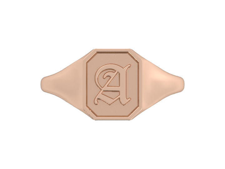 Classic men's signet ring, traditional octagonal face, custom initial in solid 14k rose gold. Heavyweight, heirloom quality personalized gift for men.
