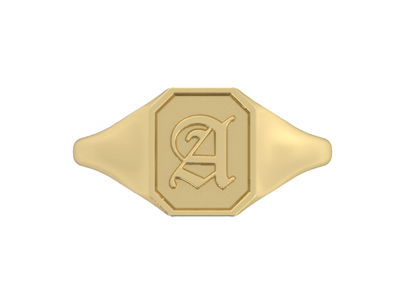 Classic men's signet ring, traditional octagonal face, custom serif initial in solid 14k yellow gold. Heavyweight, heirloom quality personalized gift for men.
