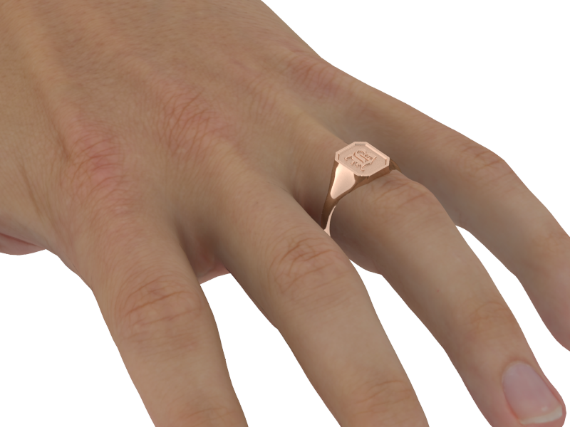 Classic men's signet ring, traditional octagonal face, custom initial in solid 14k rose gold. Heavyweight, heirloom quality personalized gift for men.