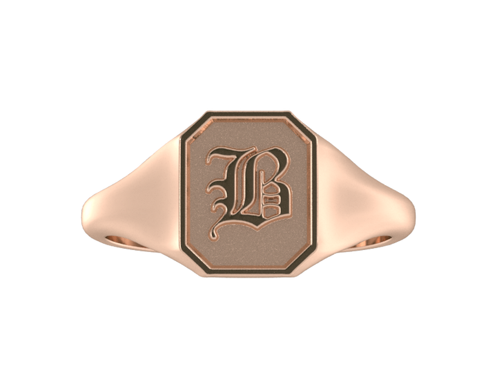 Classic men's signet ring, traditional octagonal face, custom initial in solid 14k rose gold. Heavyweight, heirloom quality personalized gift for men.