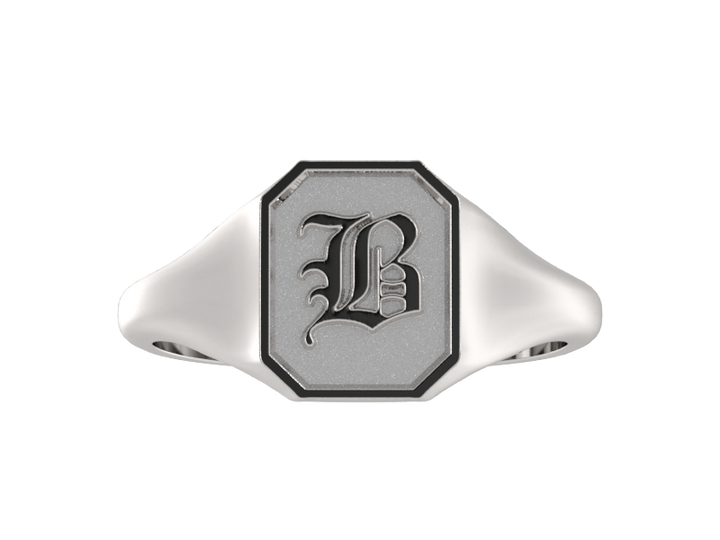 Classic men's signet ring, traditional octagonal face, custom initial in solid 14k gold or sterling silver. Heavyweight, heirloom quality personalized gift for men.