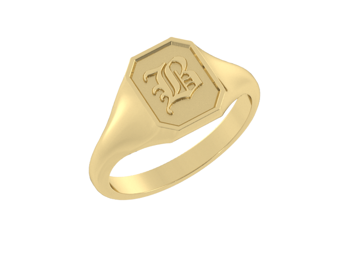 Classic men's signet ring, traditional octagonal face, custom serif initial in solid 14k yellow gold. Heavyweight, heirloom quality personalized gift for men.