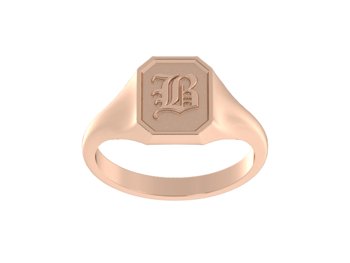 Classic men's signet ring, traditional octagonal face, custom initial in solid 14k rose gold. Heavyweight, heirloom quality personalized gift for men.