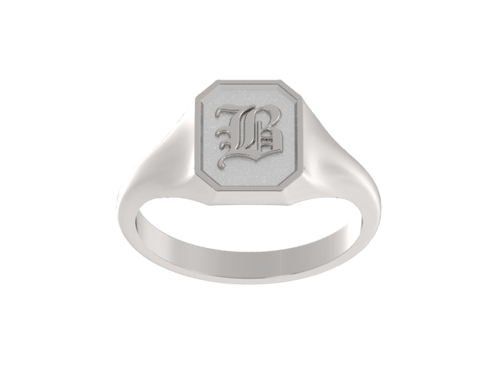 Classic men's signet ring, traditional octagonal face, custom initial in solid 14k gold or sterling silver. Heavyweight, heirloom quality personalized gift for men.