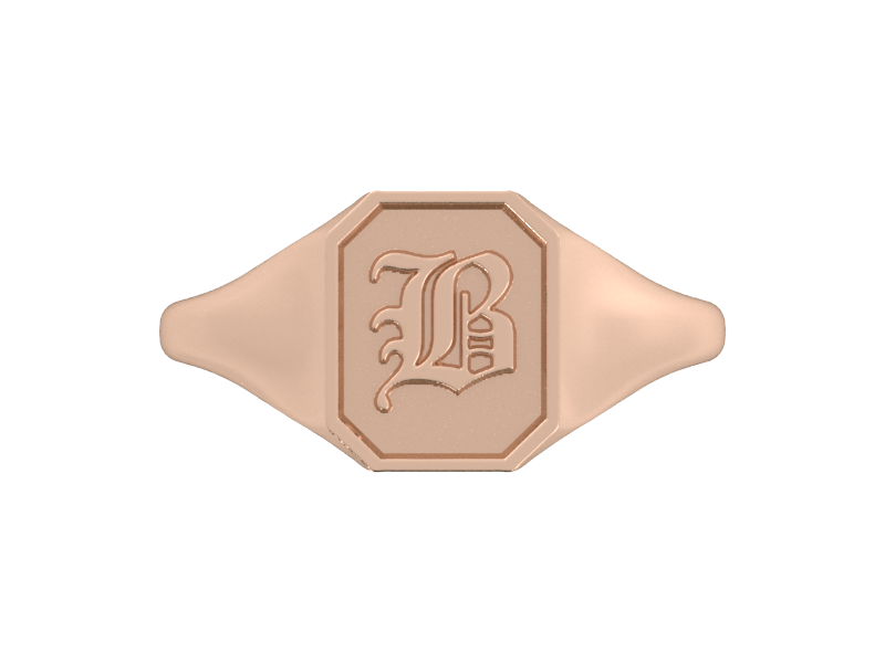 Classic men's signet ring, traditional octagonal face, custom initial in solid 14k rose gold. Heavyweight, heirloom quality personalized gift for men.
