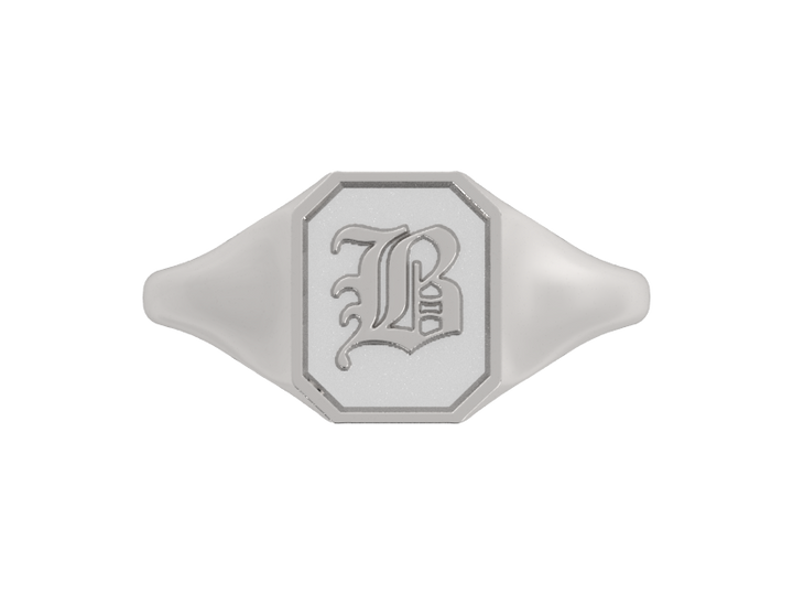 Classic men's signet ring, traditional octagonal face, custom initial in solid 14k gold or sterling silver. Heavyweight, heirloom quality personalized gift for men.