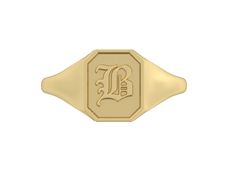 Classic men's signet ring, traditional octagonal face, custom serif initial in solid 14k yellow gold. Heavyweight, heirloom quality personalized gift for men.