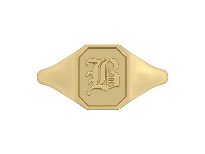 Classic men's signet ring, traditional octagonal face, custom serif initial in solid 14k yellow gold. Heavyweight, heirloom quality personalized gift for men.