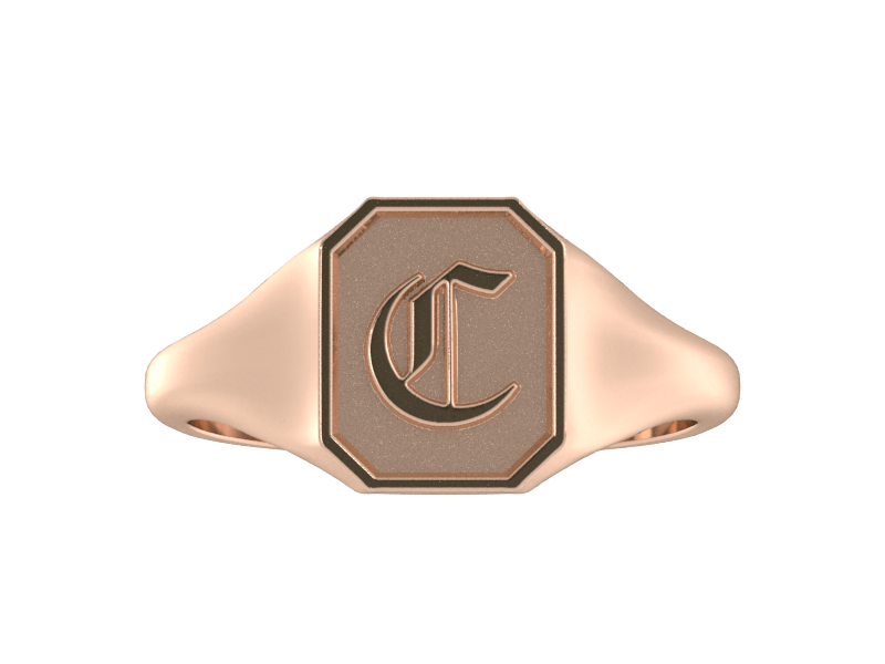 Classic men's signet ring, traditional octagonal face, custom initial in solid 14k rose gold. Heavyweight, heirloom quality personalized gift for men.