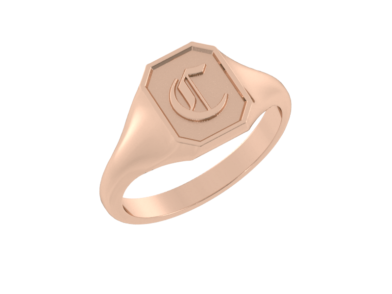 Classic men's signet ring, traditional octagonal face, custom initial in solid 14k rose gold. Heavyweight, heirloom quality personalized gift for men.