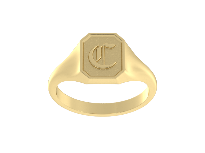 Classic men's signet ring, traditional octagonal face, custom serif initial in solid 14k yellow gold. Heavyweight, heirloom quality personalized gift for men.