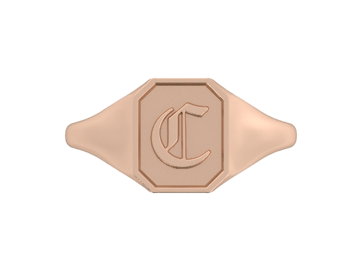 Classic men's signet ring, traditional octagonal face, custom initial in solid 14k rose gold. Heavyweight, heirloom quality personalized gift for men.