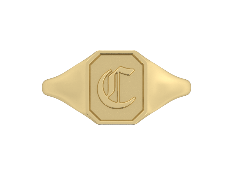 Classic men's signet ring, traditional octagonal face, custom serif initial in solid 14k yellow gold. Heavyweight, heirloom quality personalized gift for men.