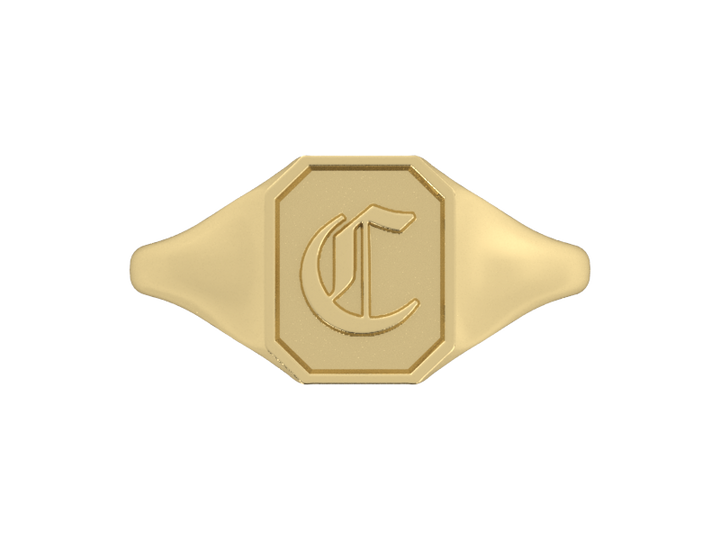 Classic men's signet ring, traditional octagonal face, custom serif initial in solid 14k yellow gold. Heavyweight, heirloom quality personalized gift for men.