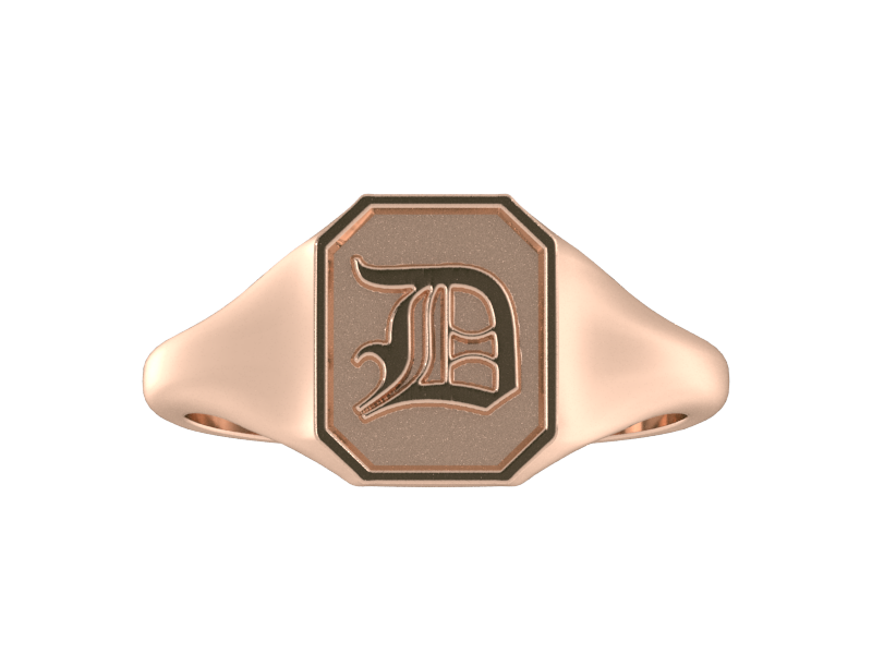Classic men's signet ring, traditional octagonal face, custom initial in solid 14k rose gold. Heavyweight, heirloom quality personalized gift for men.