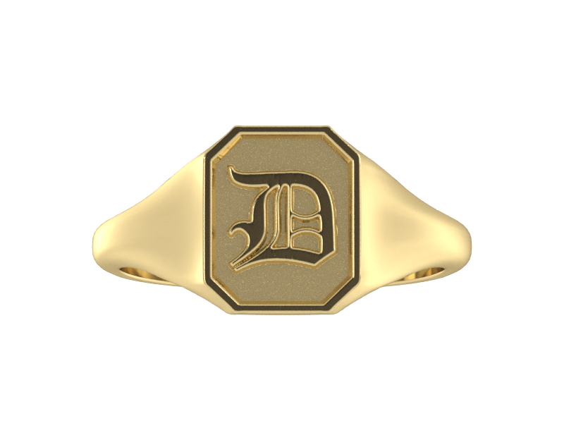 Classic men's signet ring, traditional octagonal face, custom serif initial in solid 14k yellow gold. Heavyweight, heirloom quality personalized gift for men.