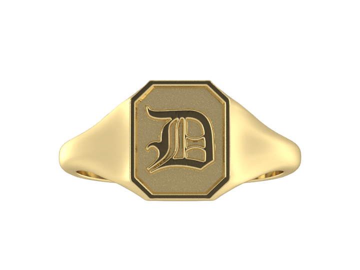 Classic men's signet ring, traditional octagonal face, custom serif initial in solid 14k yellow gold. Heavyweight, heirloom quality personalized gift for men.