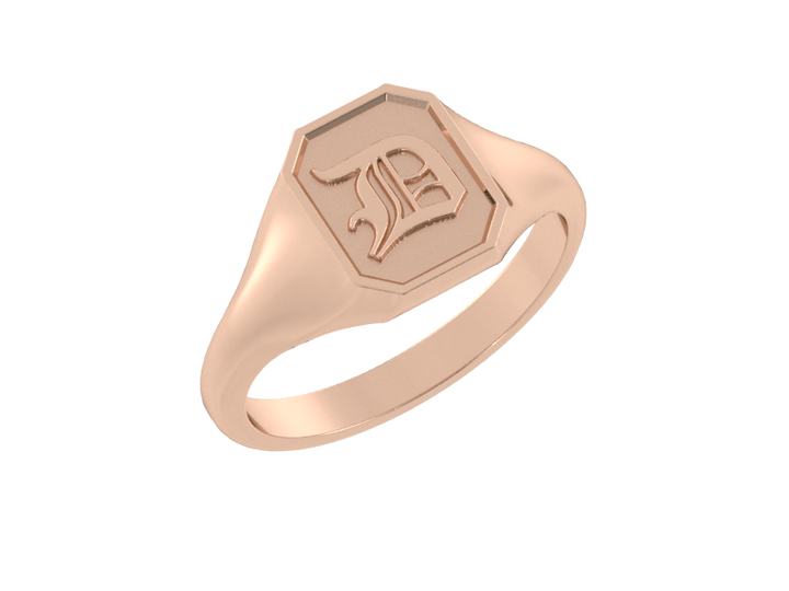 Classic men's signet ring, traditional octagonal face, custom initial in solid 14k rose gold. Heavyweight, heirloom quality personalized gift for men.