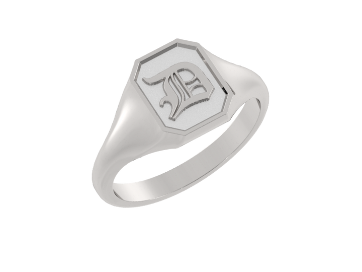 Classic men's signet ring, traditional octagonal face, custom initial in solid 14k gold or sterling silver. Heavyweight, heirloom quality personalized gift for men.