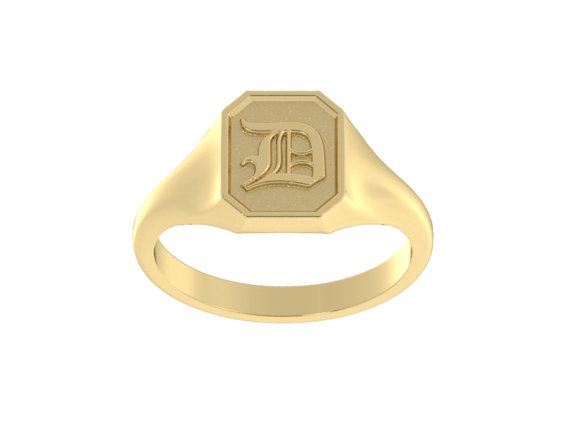 Classic men's signet ring, traditional octagonal face, custom serif initial in solid 14k yellow gold. Heavyweight, heirloom quality personalized gift for men.