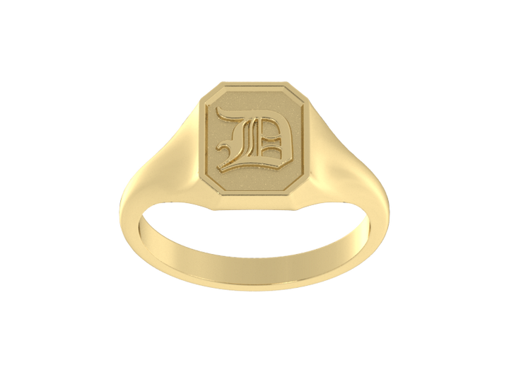 Classic men's signet ring, traditional octagonal face, custom serif initial in solid 14k yellow gold. Heavyweight, heirloom quality personalized gift for men.