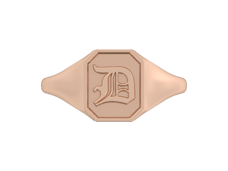 Classic men's signet ring, traditional octagonal face, custom initial in solid 14k rose gold. Heavyweight, heirloom quality personalized gift for men.