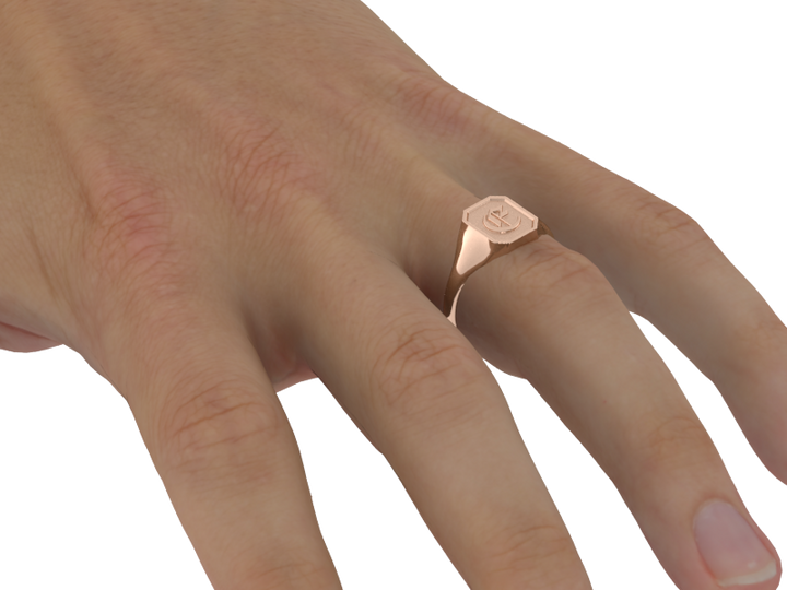 Classic men's signet ring, traditional octagonal face, custom initial in solid 14k rose gold. Heavyweight, heirloom quality personalized gift for men.