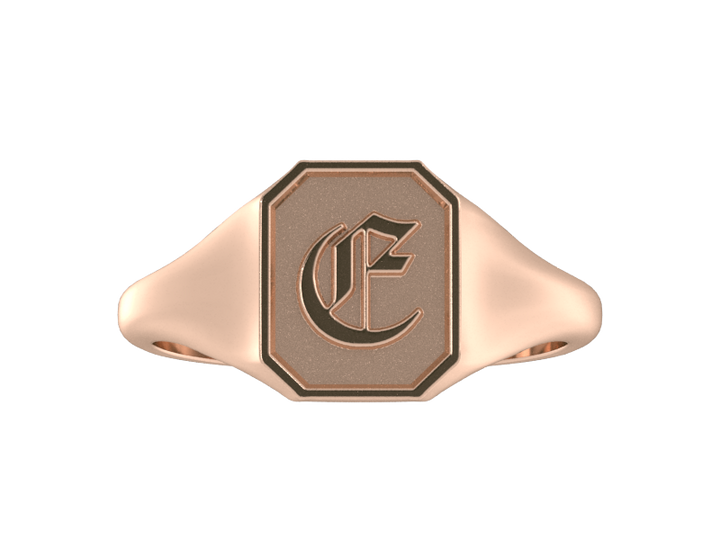 Classic men's signet ring, traditional octagonal face, custom initial in solid 14k rose gold. Heavyweight, heirloom quality personalized gift for men.