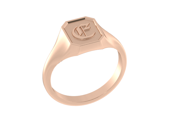 Classic men's signet ring, traditional octagonal face, custom initial in solid 14k rose gold. Heavyweight, heirloom quality personalized gift for men.